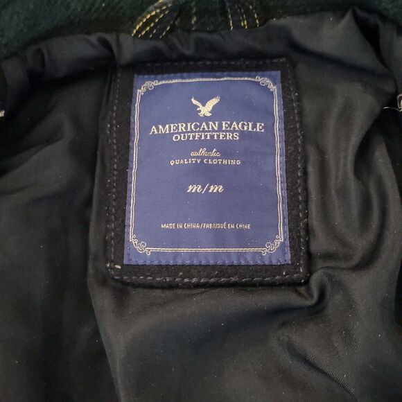 American Eagle Wool Pea Coat Womens Medium Green Blue Plaid Button Pockets *READ - Picture 7 of 10